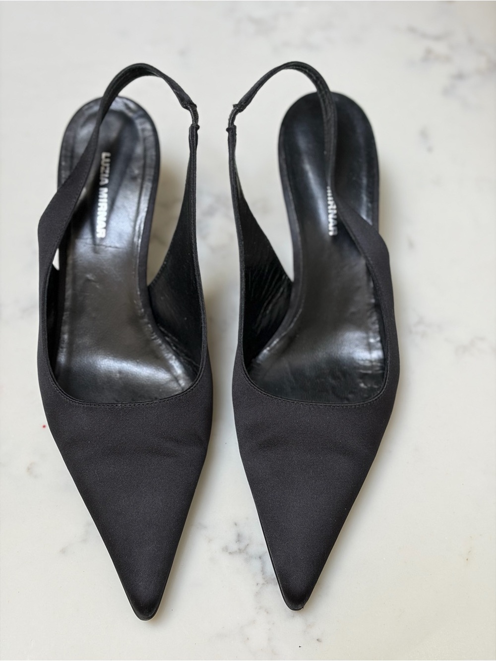 Black Satin Pointed Slingback Pumps